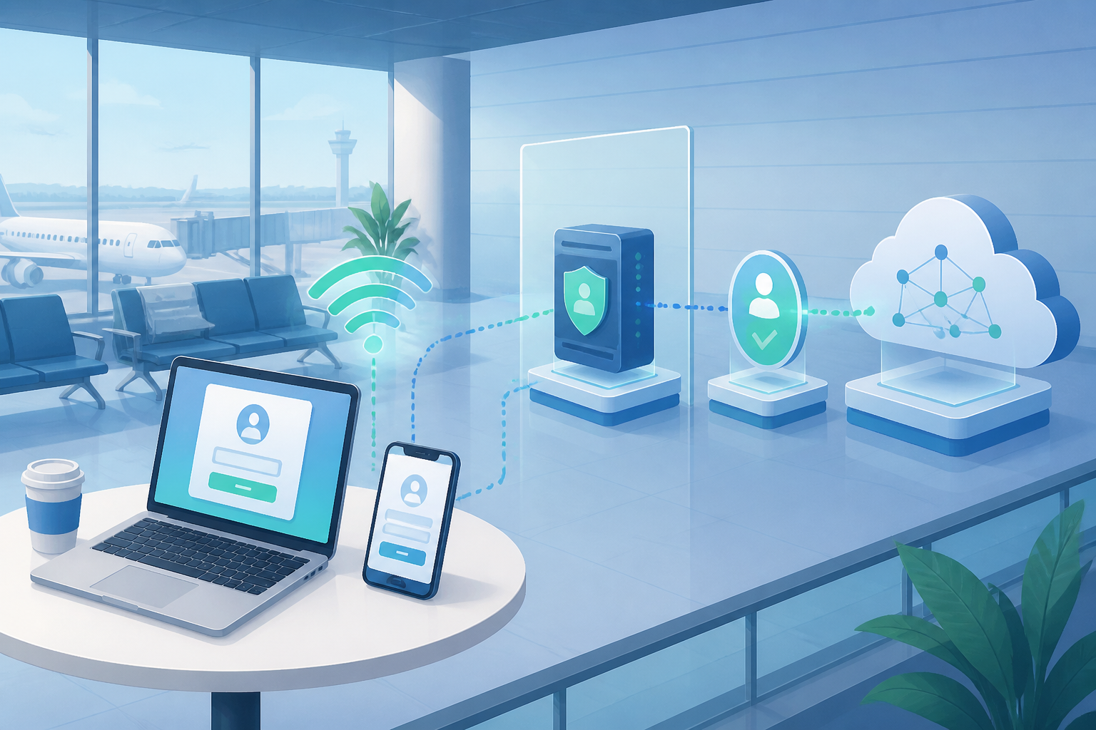 公共 Wi-Fi 环境下手机与笔记本完成网络认证后连接代理工具的示意图
