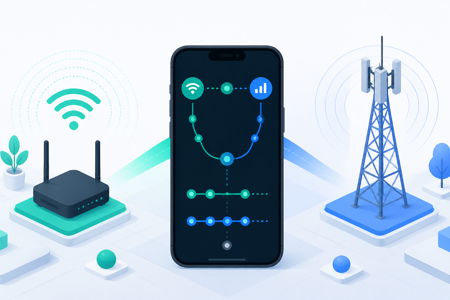 手机在 Wi-Fi 与蜂窝网络之间切换,代理连接状态对比的示意图